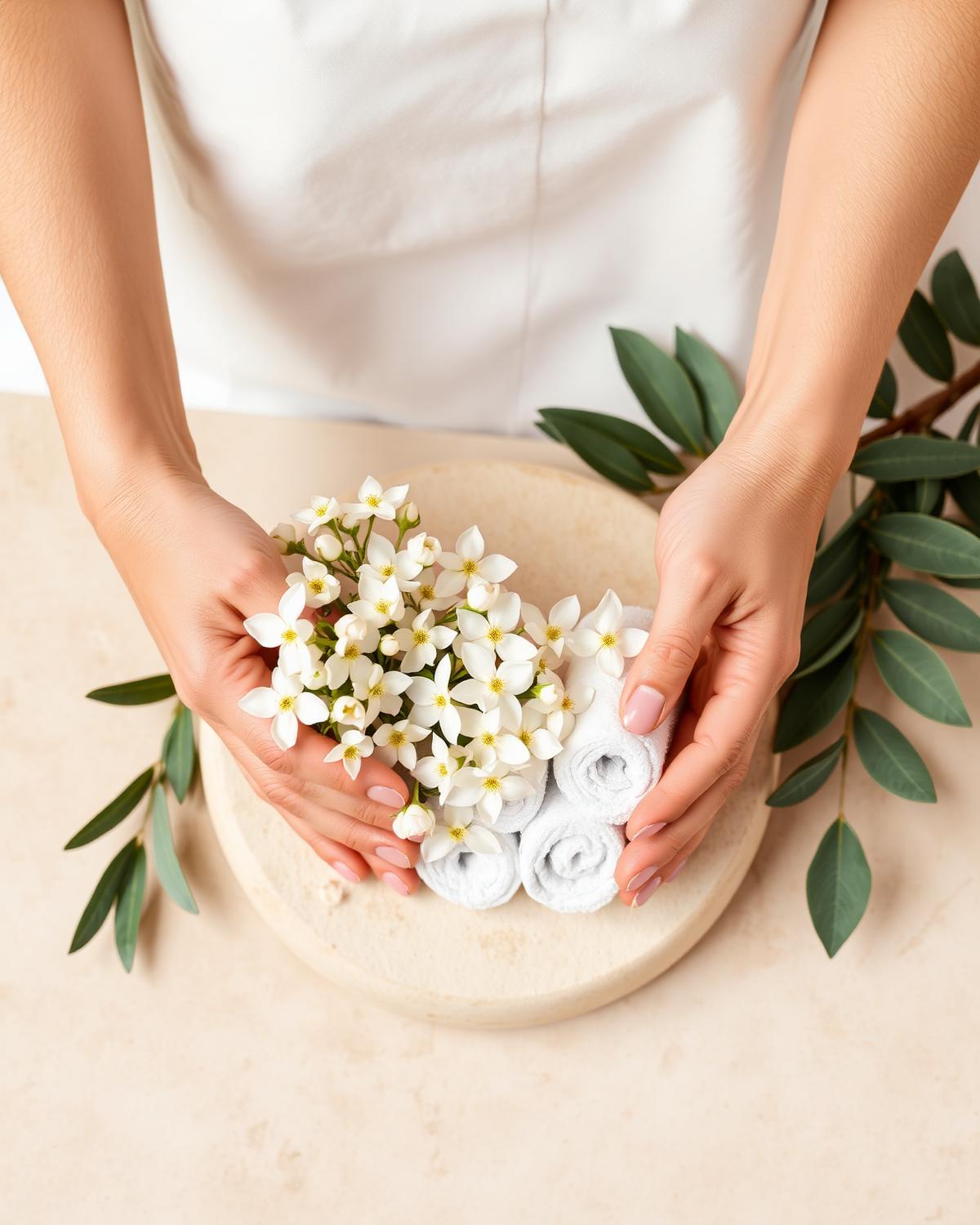 Therapist arranging white blossoms and rolled towels on a stone tray