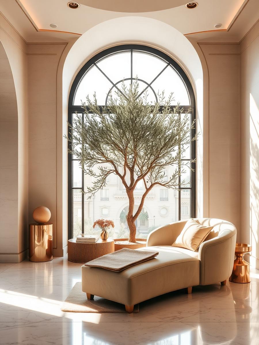 Spa relaxation lounge with arched window and olive tree