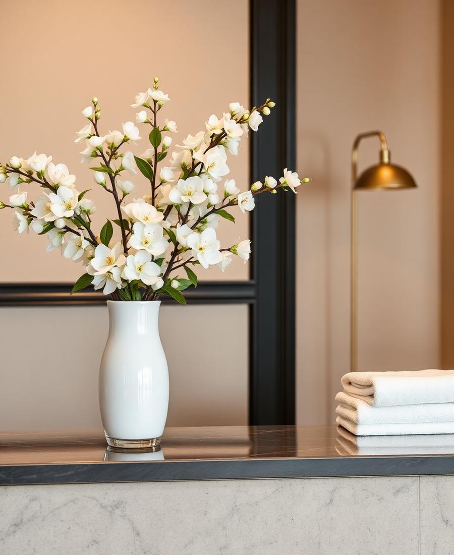 Reception desk with white blossoms and folded towels