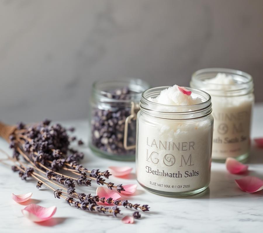 Bath salts in glass jars with lavender